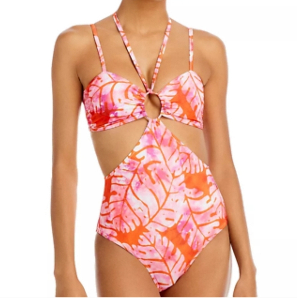 ​NWT AQUA x Studio 189 Batik Leaf Print Cutout One Piece Swimsuit M